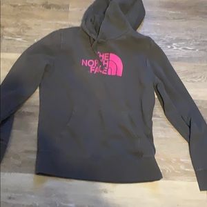 Grey and pink north face hoodie
